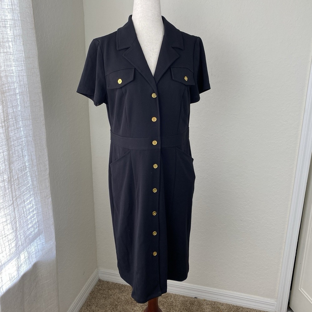 Vtg Shelby & Palmer 10 Midi Shirt Dress Black Preppy Military Utility Button Up